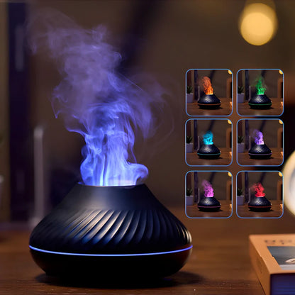 Black RGB flame aroma diffuser with colourful lighting effects and water mist emission