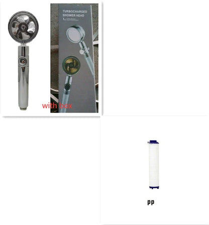 High-performance water-saving shower head with 360-degree rotation and fan feature, offering a luxurious shower experience