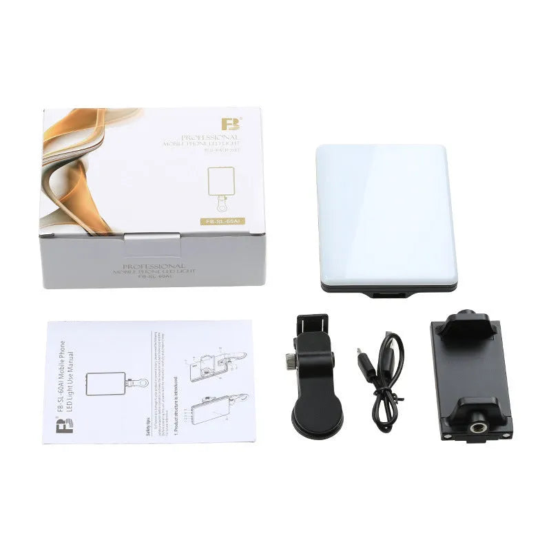 White mobile phone fill light with angle adjustment knob and LED illumination panel