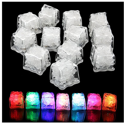 Square LED light ice cube illuminating drink with blue light, showing 2.5cm dimensions