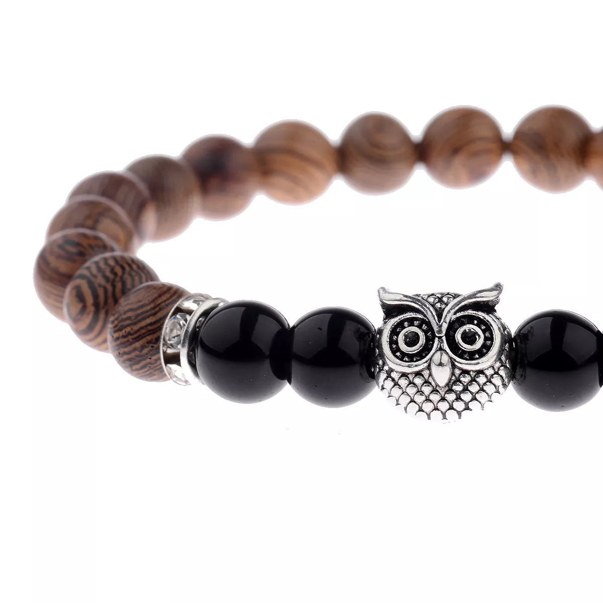 Owl frosted stone lifeline wood grain bracelet in black and gold, featuring wood beads and alloy stone