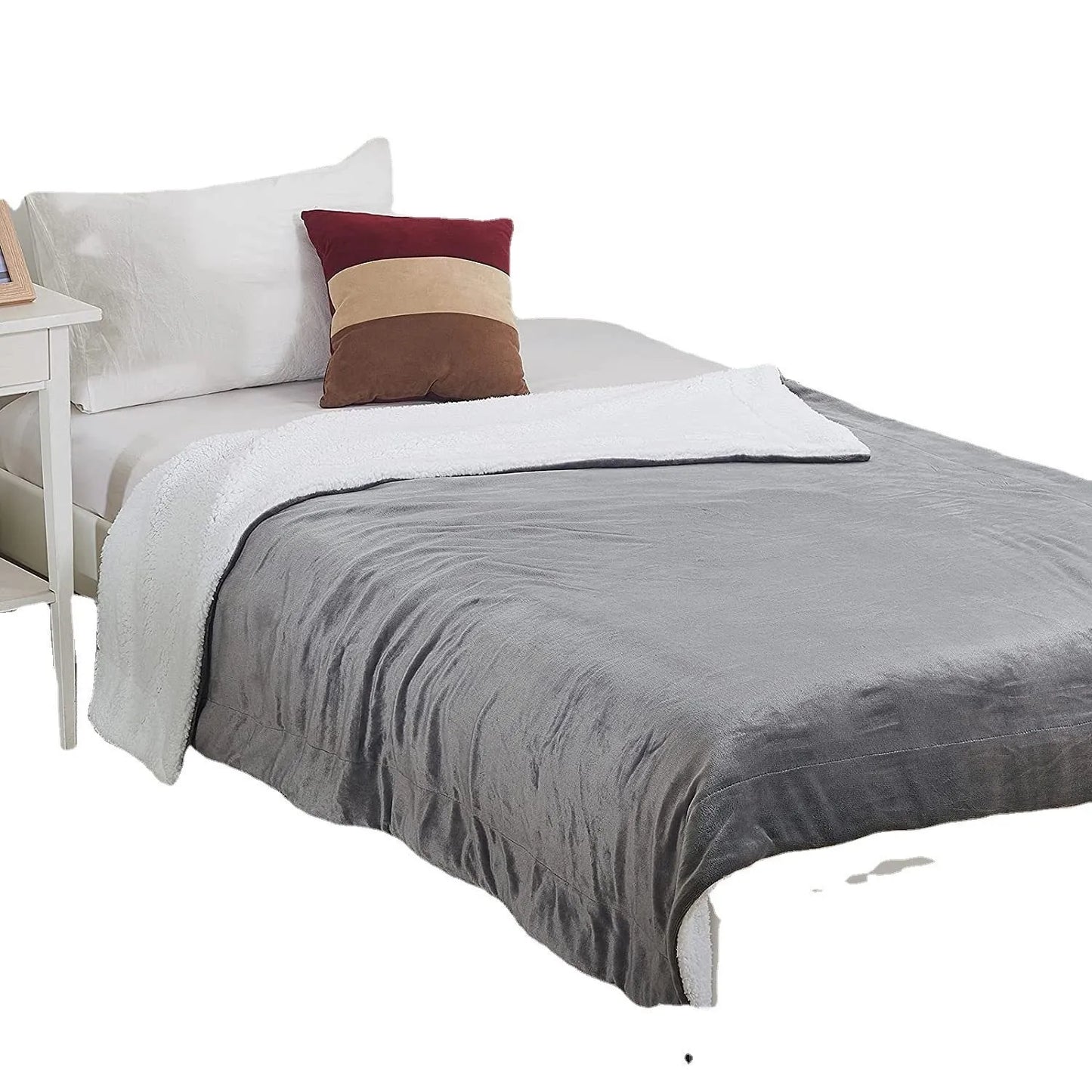 Grey USB electric heating blanket showing 70x100cm dimensions and flannel fabric texture with intelligent temperature controls