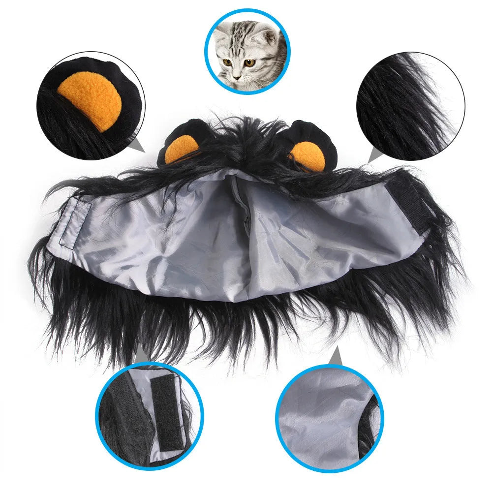 Black lion headgear wig hat costume accessory fitting on cat's head
