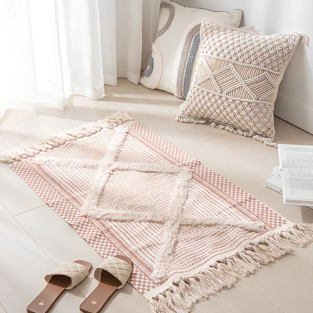 Personalised cotton geometric pattern rug measuring 60x90cm with 8cm pile height in minimalist design