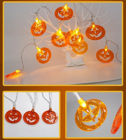 Halloween LED string lights with pumpkin, ghost and bat decorations on 1.2 metre battery-powered cord