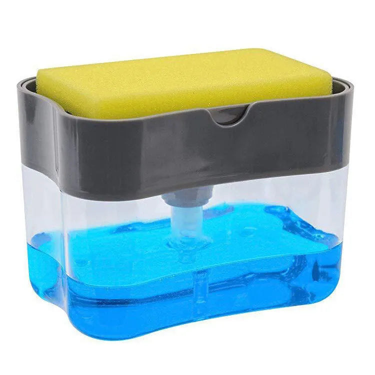 Grey plastic kitchen soap dispenser with pump mechanism on countertop