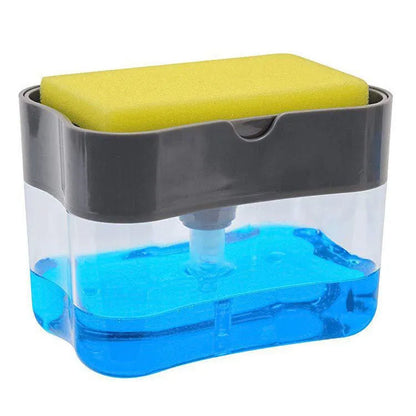 Grey plastic kitchen soap dispenser with pump mechanism on countertop