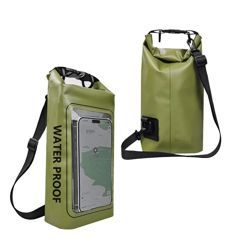 Army green PVC waterproof crossbody bag for mobile phones on a beach.