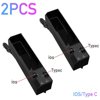 Car organizer with charging ports to store small items and keep devices powered up in vehicle