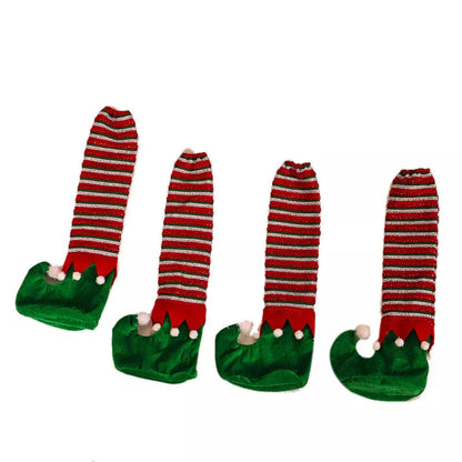 Christmas Striped Elf Table Leg Covers in red and green for festive holiday decor