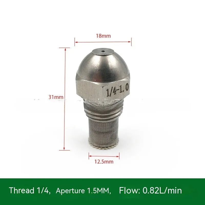 304 stainless steel high and low pressure atomising nozzle with external thread and filter.