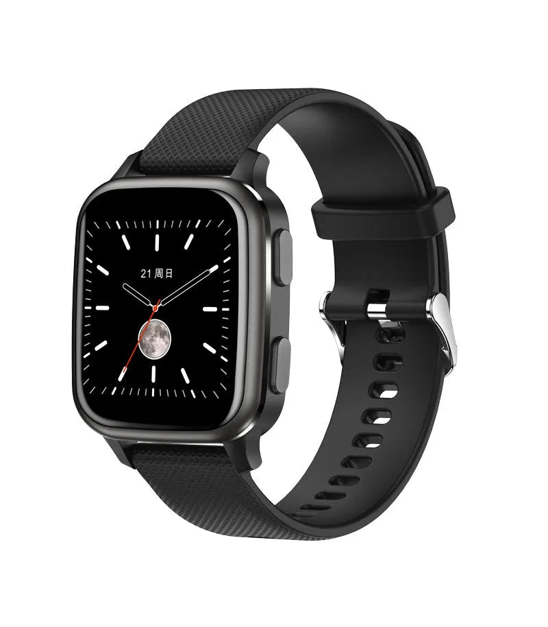 Smart bracelet in black with aluminium alloy case, showing heart rate monitor and Bluetooth calling features