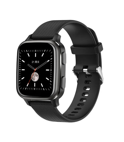 Smart bracelet in black with aluminium alloy case, showing heart rate monitor and Bluetooth calling features