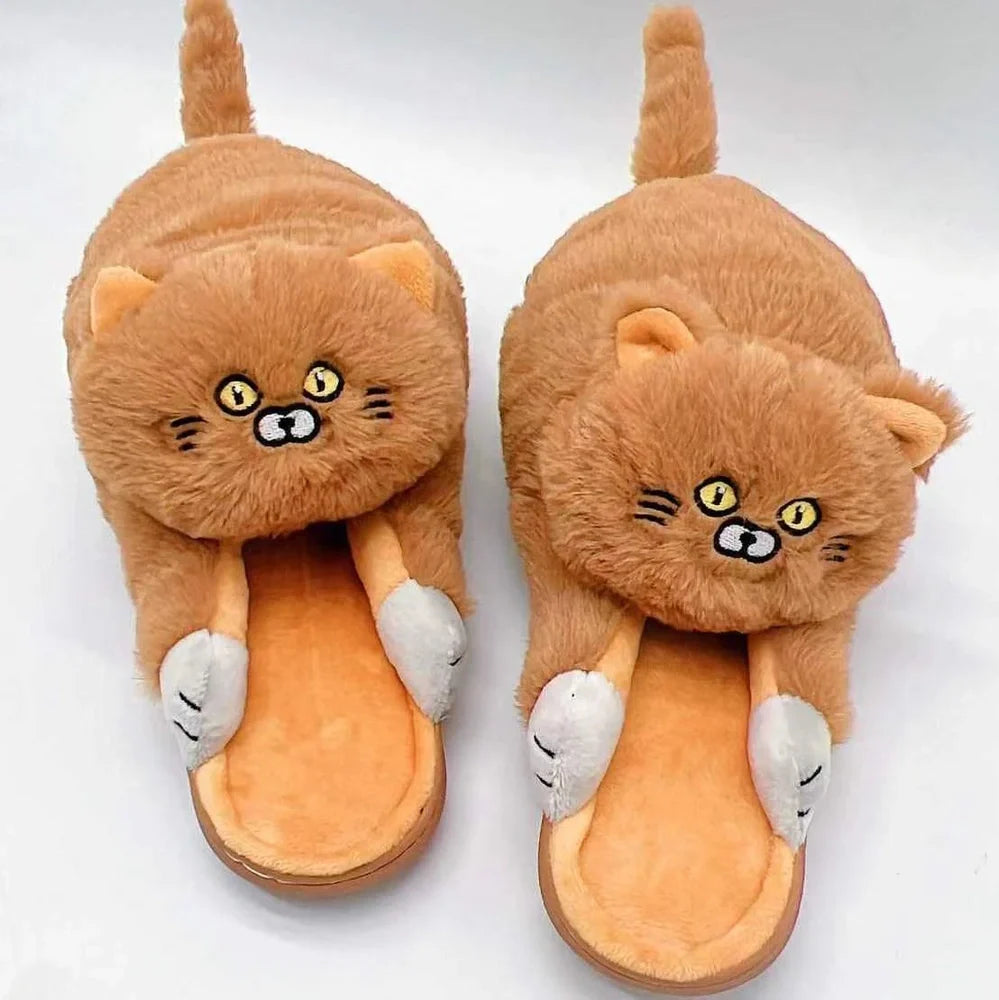 Cotton cat slippers with non-slip sole and animal pattern in blue, white, or beige