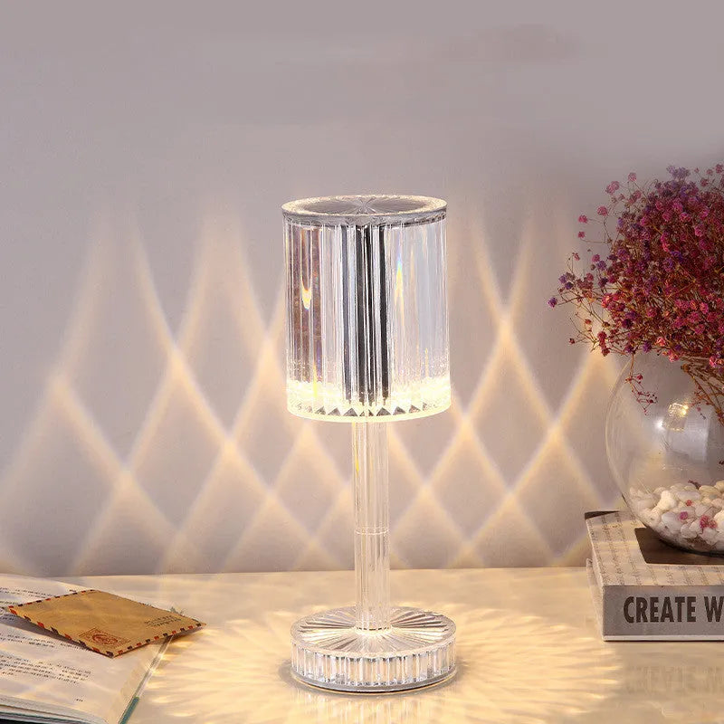 Crystal table lamp with K9 crystal shade and touch dimmable LED lighting on wooden table