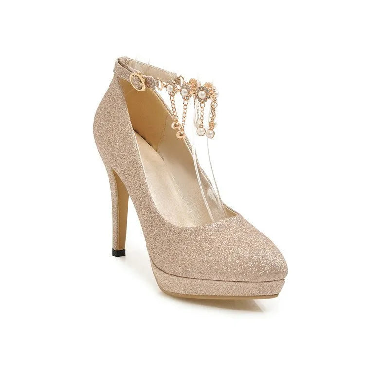 Women's blue platform stiletto heels with special fabric upper, shown in shallow mouth cut for ankle.