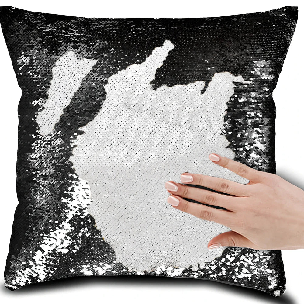 40x40cm square pillow cover showing colour-changing portrait pattern on knitted polyester fabric
