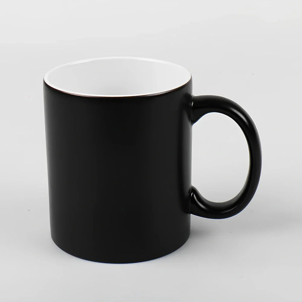 Ceramic colour change mug showing before and after transformation with hot liquid