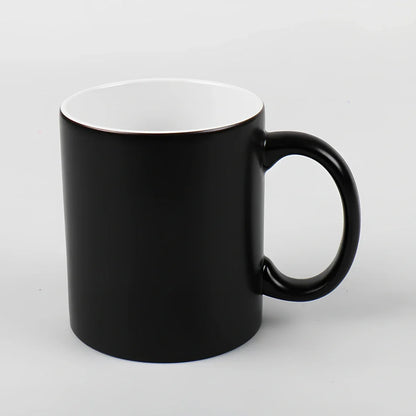 Ceramic colour change mug showing before and after transformation with hot liquid