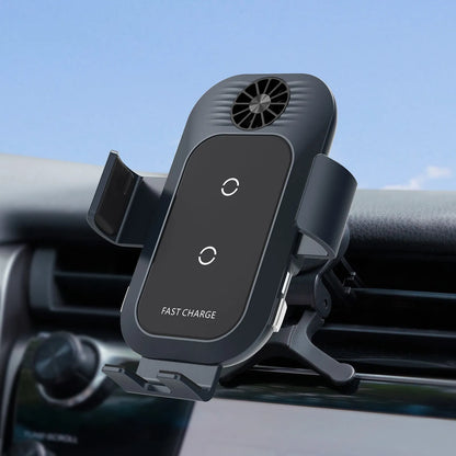 C35 colour car wireless phone charger holder mounted on a car air vent, showing automatic clamping arms.