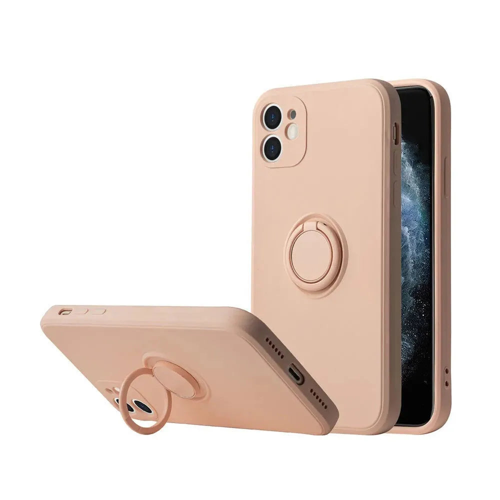 Liquid silicone case with rotating ring bracket for Apple iPhone 12 on a table, shown in green colour.