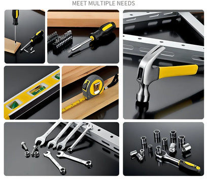 108-piece carbon steel tool set with sockets, wrenches, bits, tape measure, and hammer in toolbox