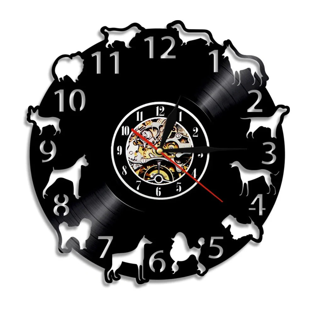 30cm vinyl record wall clock with dog breed designs, silent quartz movement, and pre-installed hook