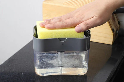 Multifunctional dish soap dispenser with attached sponge caddy for easy, organized cleaning in the kitchen