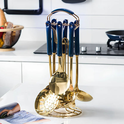 16-piece porcelain dinnerware set with stainless steel cutlery in blue and green options