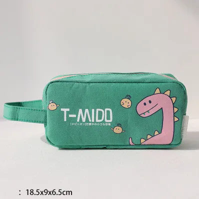 Cartoon dinosaur stationery bag in 12 Ann cotton cloth, 18.5 x 9 cm, inverted trapezoid shape, Blue Green Pink Sky Blue options
