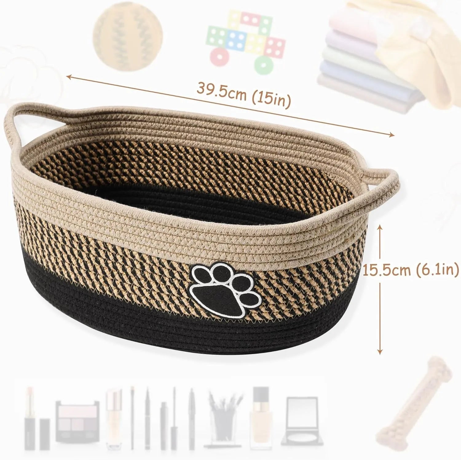 Handmade woven storage basket with handle measuring 34x26x15cm in light beige colour