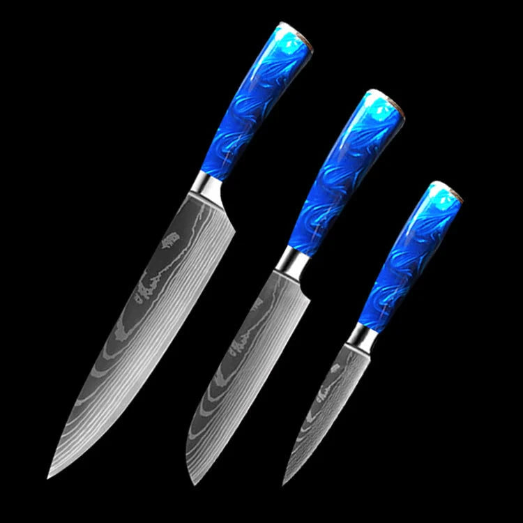 8-inch Chef Knife with vibrant blue resin handle, perfect for precision cutting in the kitchen.