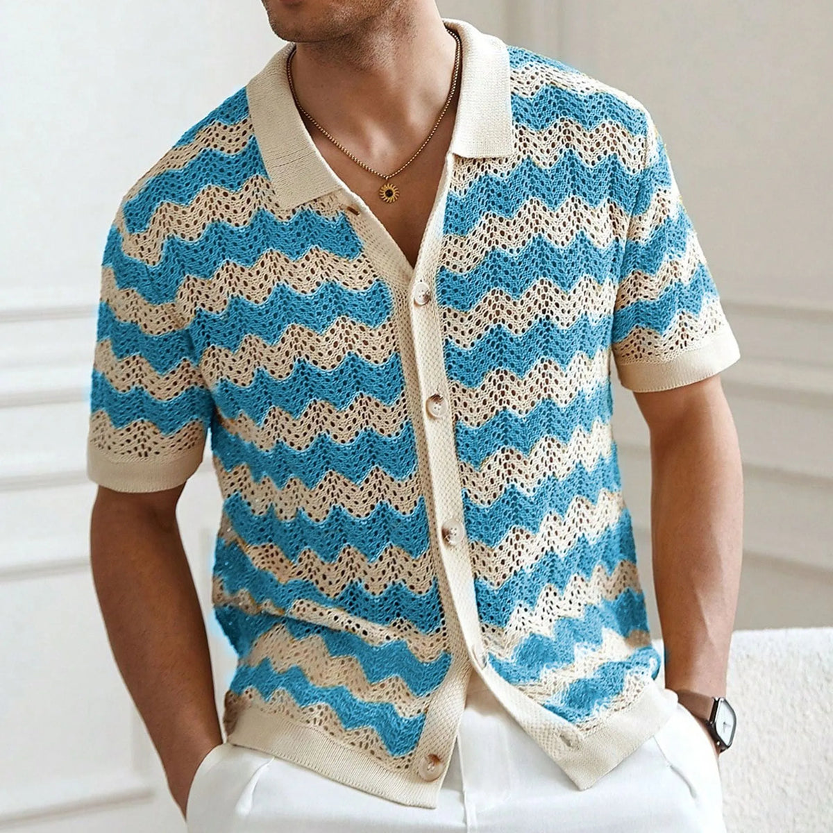 American-style hollow jacquard corrugated sweater with short sleeves and flocking detail in blue colour