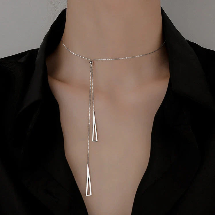 Sterling silver geometric triangle necklace with adjustable clavicle chain in white K