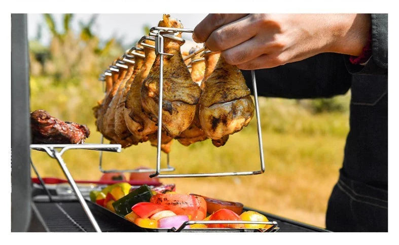 Versatile stainless steel BBQ rib rack with mesh clips, designed to accommodate a variety of chicken wings and legs for even, delicious grilling.