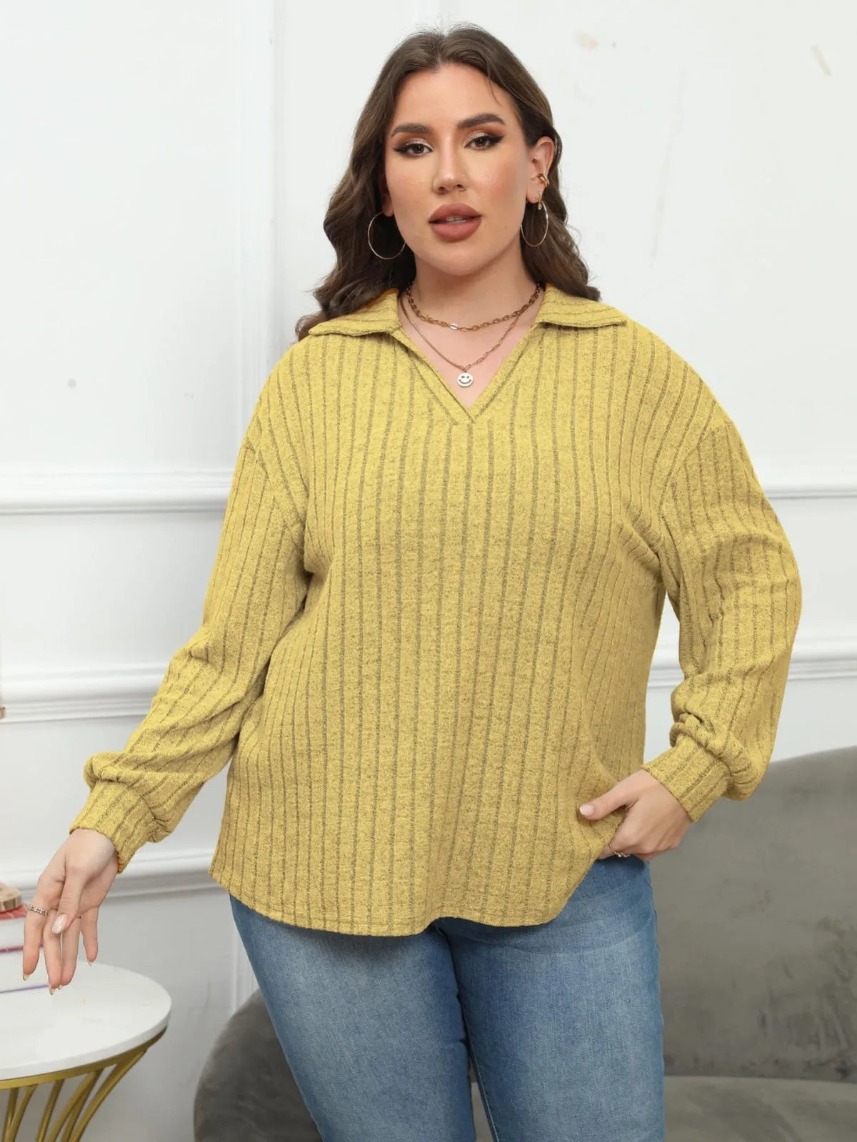 Women's plus size polo collar shirt in melange gray with lantern sleeves and street fashion Gothic style