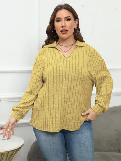 Women's plus size polo collar shirt in melange gray with lantern sleeves and street fashion Gothic style