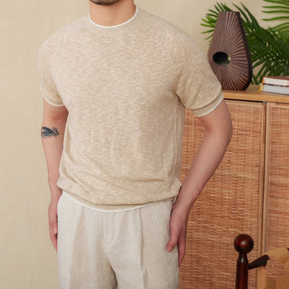 Brown linen-cotton blend short sleeve t-shirt with round neck on a hanger.