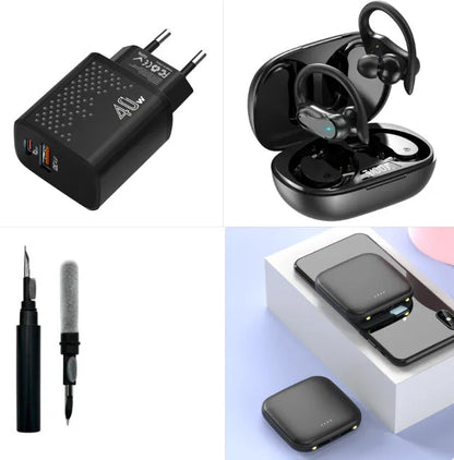 Mini power bank with 20000mAh capacity, compact black design, LED flashlight, and USB port for charging devices