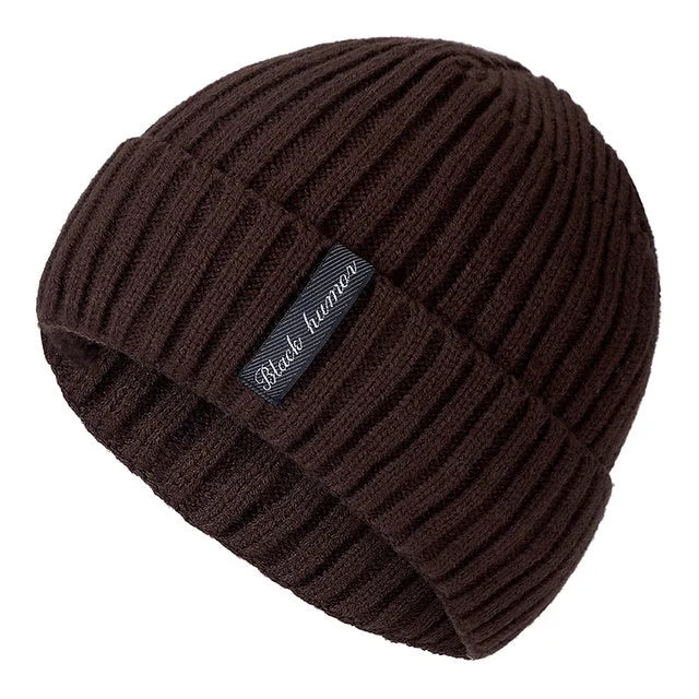 Unisex winter knit letters cap in cotton and coral wool, adult size, shown in black, coffee, dark blue, grey, khaki, and red