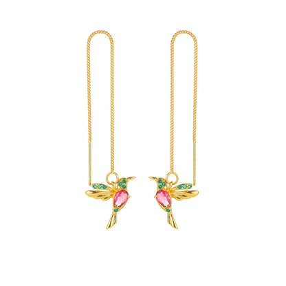 Hummingbird drop earrings with crystal pendant in rose gold, imitation gold, and anti-gold colors