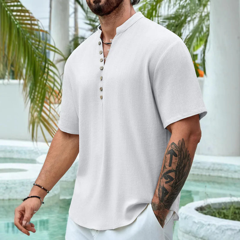 Men's casual short sleeve shirt with deep V-neck design in breathable cotton and linen blend fabric, featuring multi-button front closure, available in white, khaki, camel, black, and dark red colour options in sizes XS to XXXL for summer wear