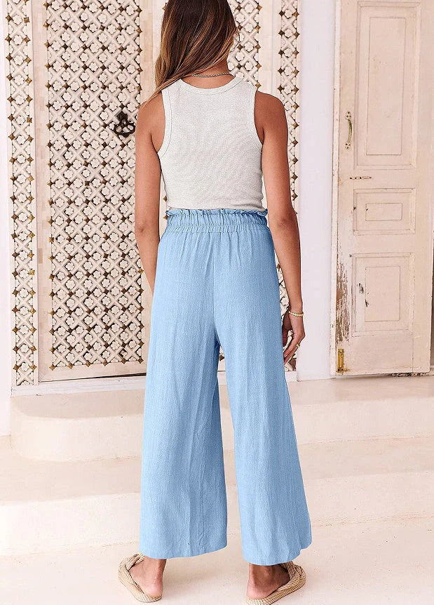 Elastic waistband lace-up wide leg cropped pants in solid colors, showcasing versatile style and comfort