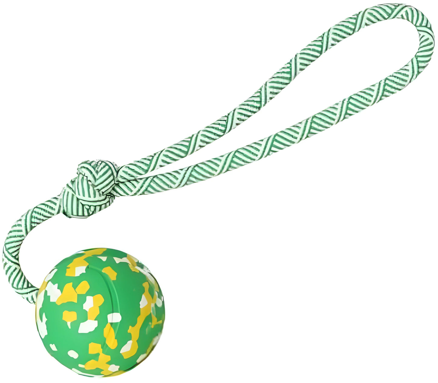 Dog ball on rope toy with solid natural rubber ball and nylon rope for interactive play