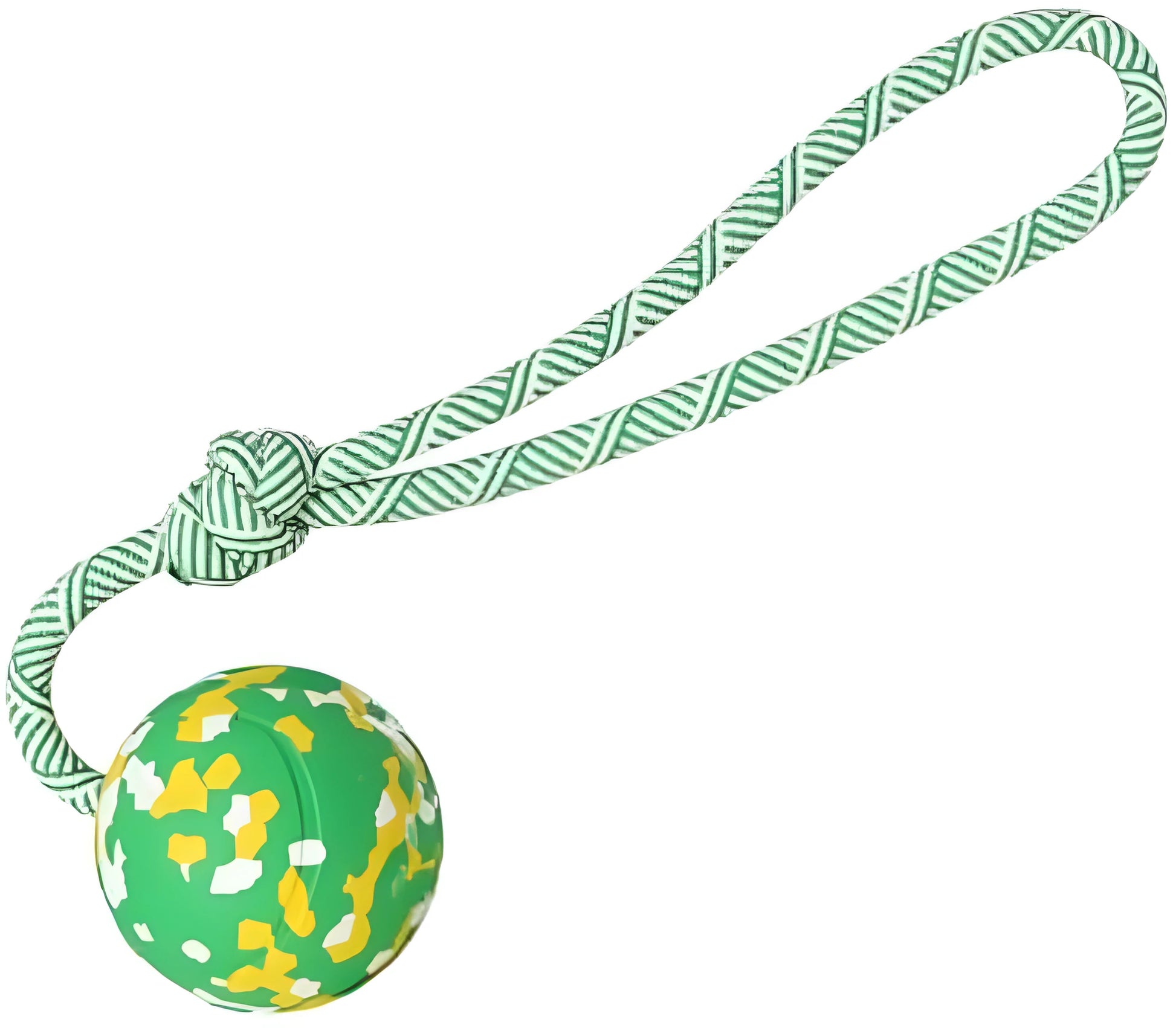 Dog ball on rope toy with solid natural rubber ball and nylon rope for interactive play