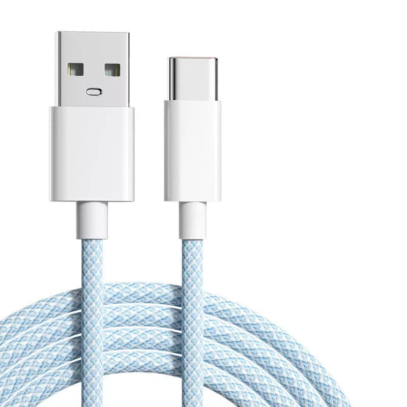 Android Flash Charge USB Type-C Cable in blue, gray, green, and purple