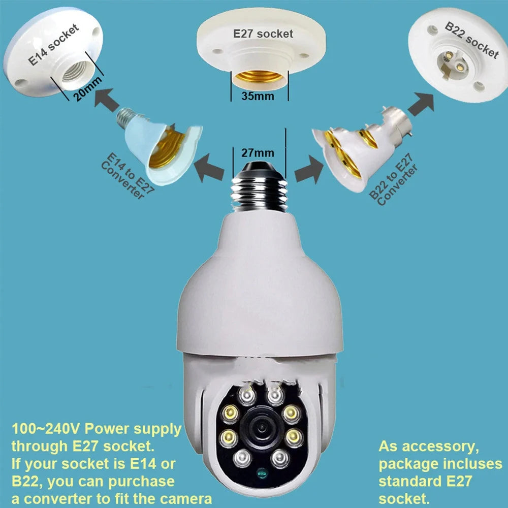 White wireless WIFI security camera with pan-tilt base showing 1080P HD resolution and 0.1 lux low-light capability