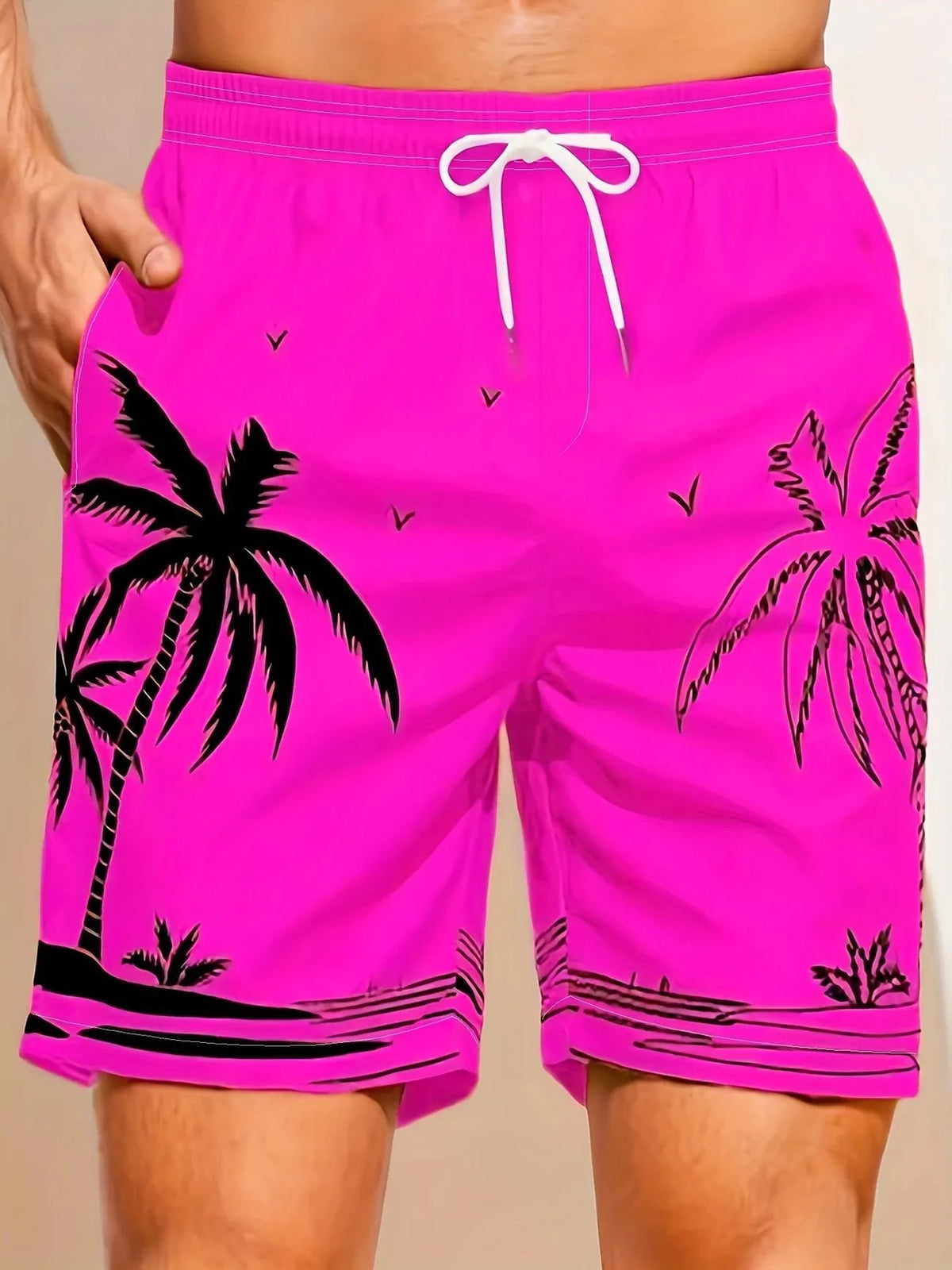 Men's micro-elastic quick-drying swimming trunks in polyester fabric showing colour and fit details