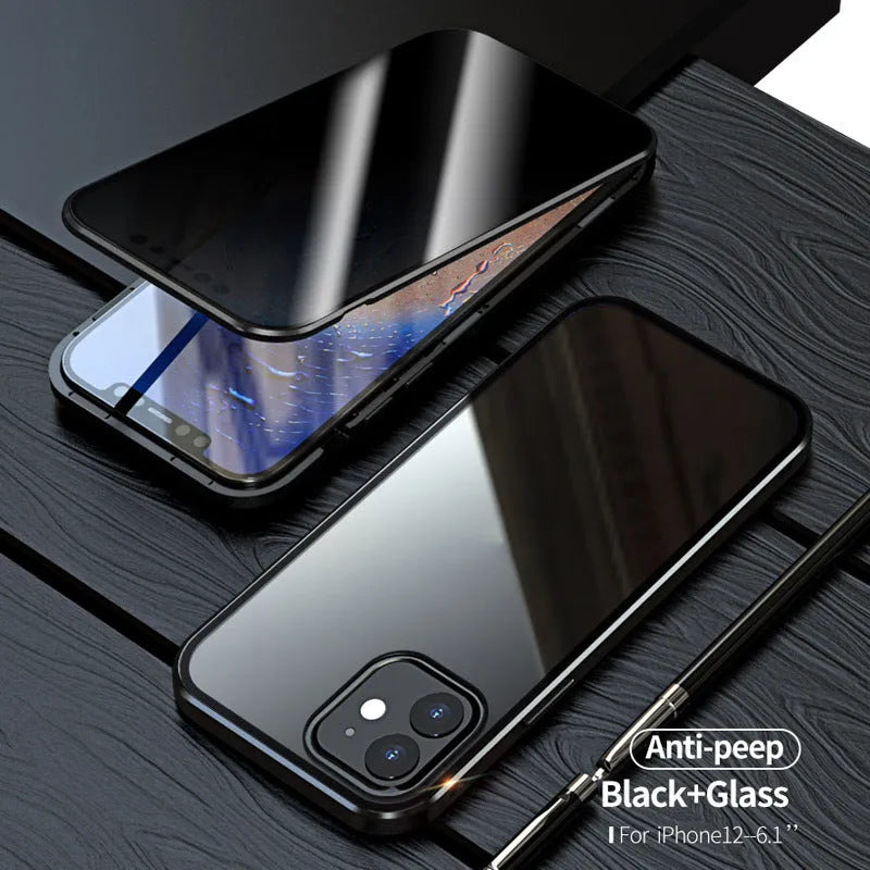 Magnetic privacy glass iPhone case showing anti-spy screen protection and metal frame with colour options