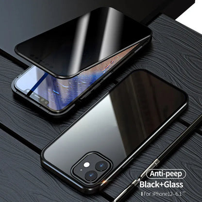Magnetic privacy glass iPhone case showing anti-spy screen protection and metal frame with colour options